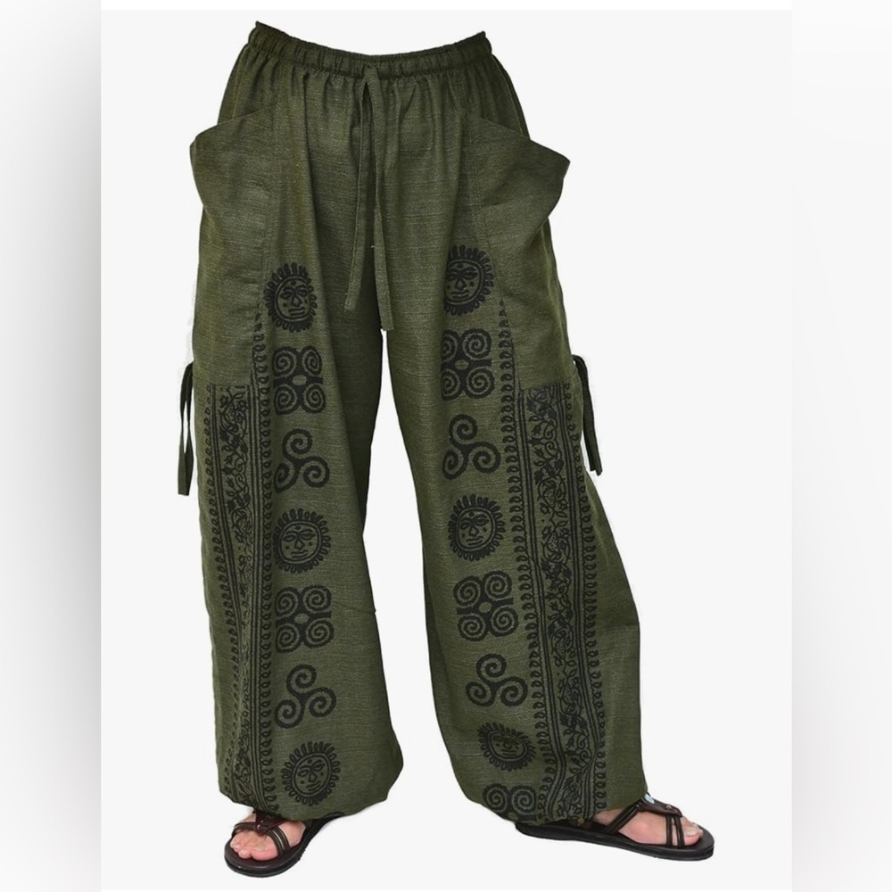 Olive Green Wide Leg Pants with Black Pattern